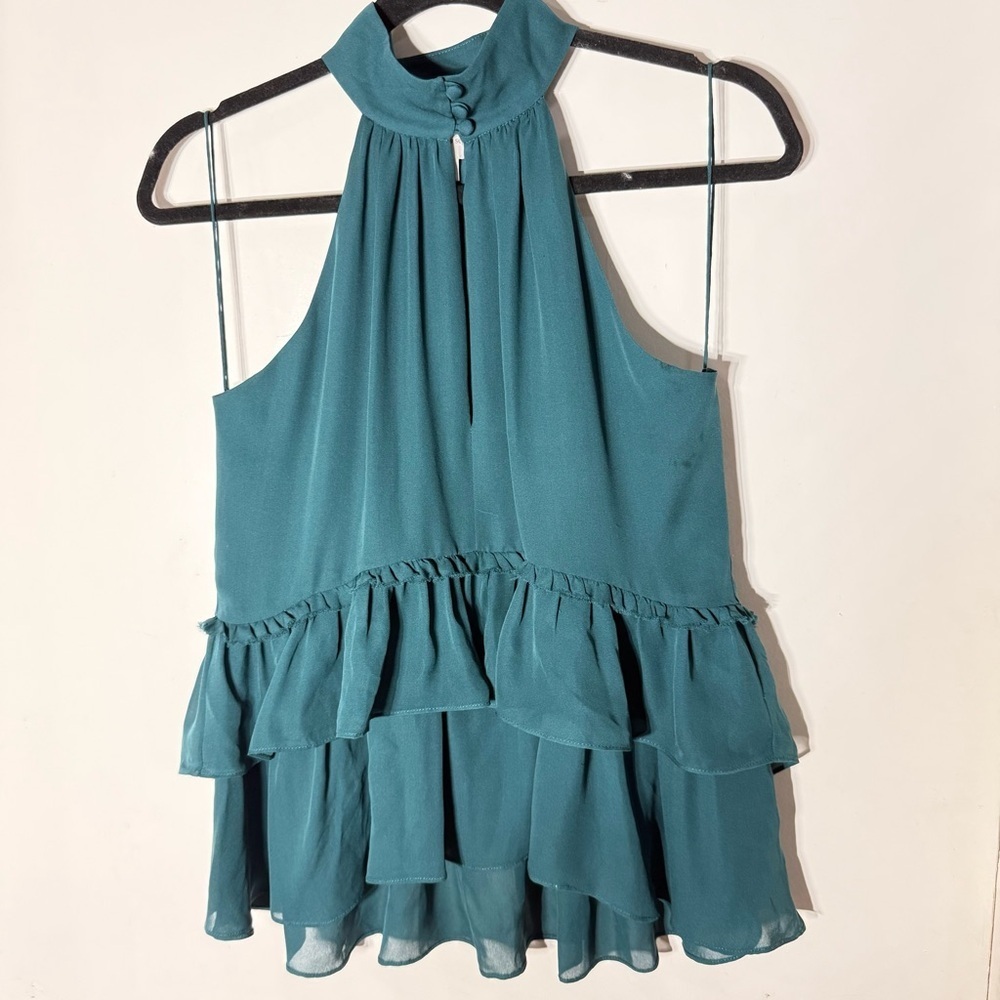Cinq à Sept Silk Halter Top Teal Ruffle Sleeveless Size S